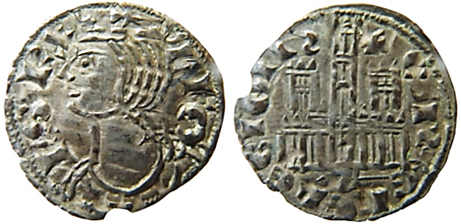 Tipo 2. Dinero Coronado de perfil y sin gráfilas, del Rey Alfonso de Castilla y León