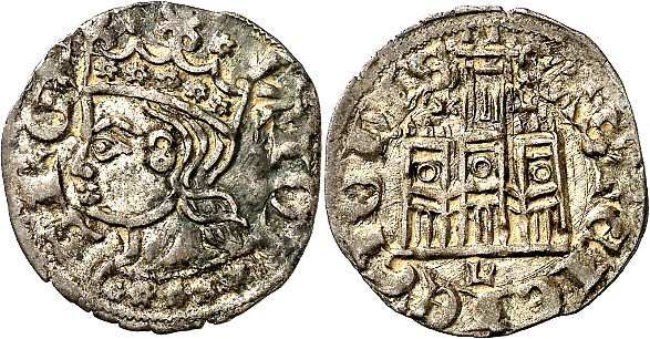 Tipo 2. Dinero Coronado de perfil y sin gráfilas, del Rey Alfonso de Castilla y León