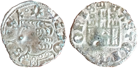Tipo 2. Dinero Coronado de perfil y sin gráfilas, del Rey Alfonso de Castilla y León