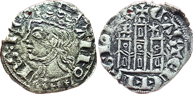Tipo 2. Dinero Coronado de perfil y sin gráfilas, del Rey Alfonso de Castilla y León