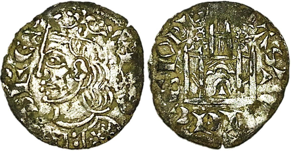 Tipo 2. Dinero Coronado de perfil y sin gráfilas, del Rey Alfonso de Castilla y León