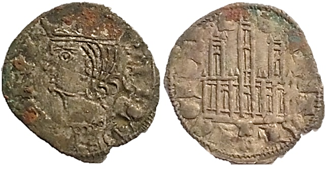 Tipo 2. Dinero Coronado de perfil y sin gráfilas, del Rey Alfonso de Castilla y León