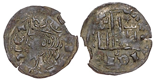 Tipo 2. Dinero Coronado de perfil y sin gráfilas, del Rey Alfonso de Castilla y León