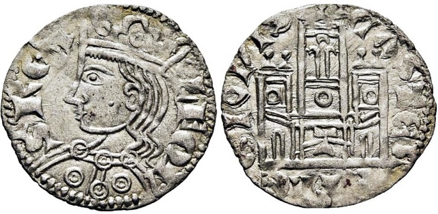 Tipo 2. Dinero Coronado de perfil y sin gráfilas, del Rey Alfonso de Castilla y León