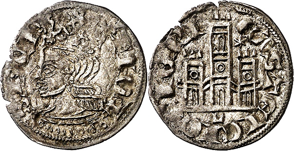 Tipo 2. Dinero Coronado de perfil y sin gráfilas, del Rey Alfonso de Castilla y León