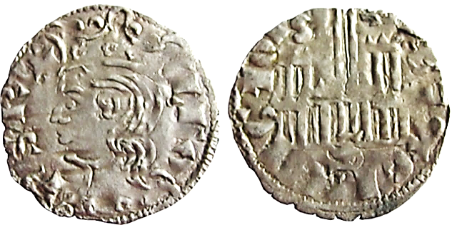 Tipo 2. Dinero Coronado de perfil y sin gráfilas, del Rey Alfonso de Castilla y León