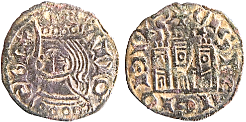 Tipo 2. Dinero Coronado de perfil y sin gráfilas, del Rey Alfonso de Castilla y León