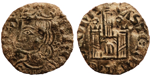 Tipo 2. Dinero Coronado de perfil y sin gráfilas, del Rey Alfonso de Castilla y León
