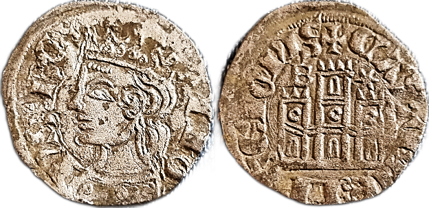 Tipo 2. Dinero Coronado de perfil y sin gráfilas, del Rey Alfonso de Castilla y León