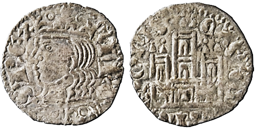 Tipo 2. Dinero Coronado de perfil y sin gráfilas, del Rey Alfonso de Castilla y León
