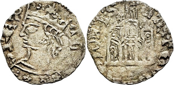 Tipo 2. Dinero Coronado de perfil y sin gráfilas, del Rey Alfonso de Castilla y León