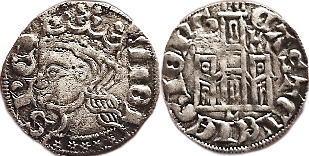Tipo 2. Dinero Coronado de perfil y sin gráfilas, del Rey Alfonso de Castilla y León