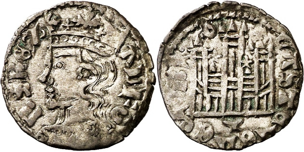 Tipo 2. Dinero Coronado de perfil y sin gráfilas, del Rey Alfonso de Castilla y León