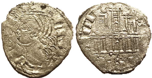 Tipo 2. Dinero Coronado de perfil y sin gráfilas, del Rey Alfonso de Castilla y León