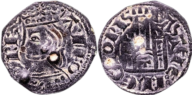 Tipo 2. Dinero Coronado de perfil y sin gráfilas, del Rey Alfonso de Castilla y León