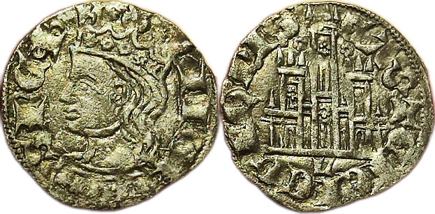 Tipo 2. Dinero Coronado de perfil y sin gráfilas, del Rey Alfonso de Castilla y León