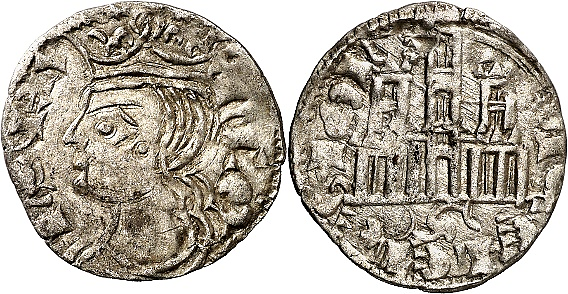 Tipo 2. Dinero Coronado de perfil y sin gráfilas, del Rey Alfonso de Castilla y León
