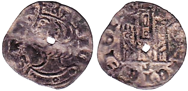 Tipo 2. Dinero Coronado de perfil y sin gráfilas, del Rey Alfonso de Castilla y León