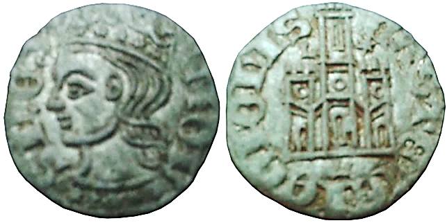 Tipo 2. Dinero Coronado de perfil y sin gráfilas, del Rey Alfonso de Castilla y León