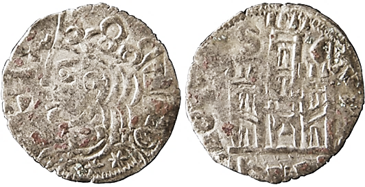 Tipo 2. Dinero Coronado de perfil y sin gráfilas, del Rey Alfonso de Castilla y León