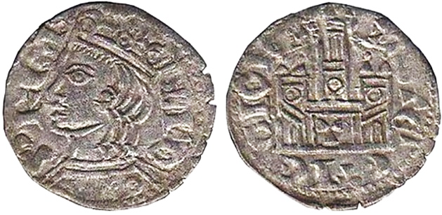 Tipo 2. Dinero Coronado de perfil y sin gráfilas, del Rey Alfonso de Castilla y León