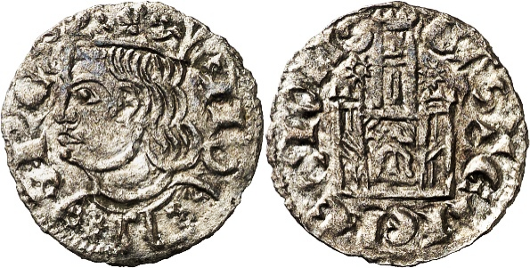 Tipo 2. Dinero Coronado de perfil y sin gráfilas, del Rey Alfonso de Castilla y León