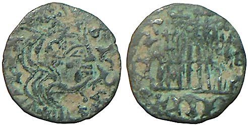 Tipo 2. Dinero Coronado de perfil y sin gráfilas, del Rey Alfonso de Castilla y León