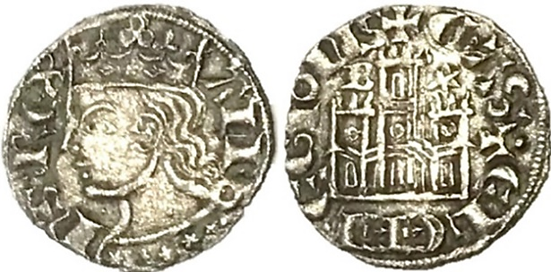 Tipo 2. Dinero Coronado de perfil y sin gráfilas, del Rey Alfonso de Castilla y León