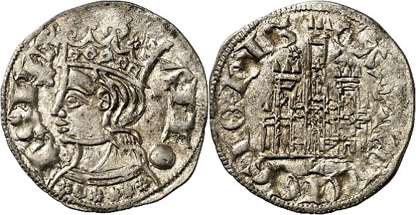 Tipo 2. Dinero Coronado de perfil y sin gráfilas, del Rey Alfonso de Castilla y León