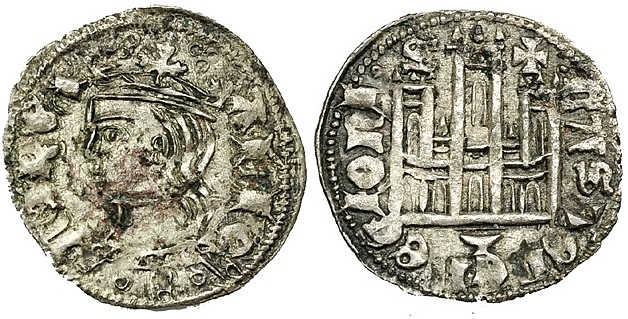 Tipo 2. Dinero Coronado de perfil y sin gráfilas, del Rey Alfonso de Castilla y León