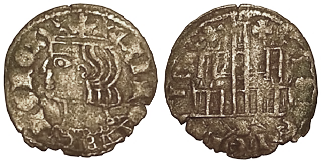 Tipo 2. Dinero Coronado de perfil y sin gráfilas, del Rey Alfonso de Castilla y León