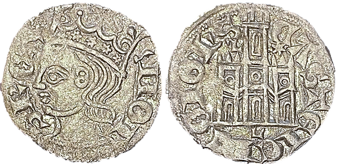 Tipo 2. Dinero Coronado de perfil y sin gráfilas, del Rey Alfonso de Castilla y León