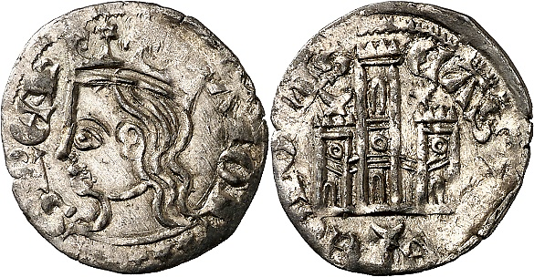 Tipo 2. Dinero Coronado de perfil y sin gráfilas, del Rey Alfonso de Castilla y León