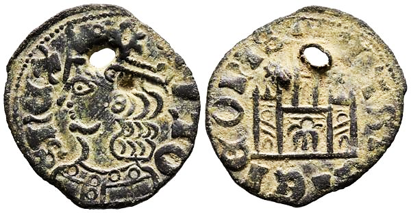 Tipo 2. Dinero Coronado de perfil y sin gráfilas, del Rey Alfonso de Castilla y León