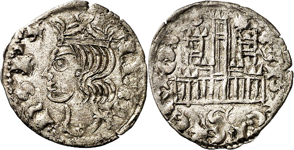 Tipo 2. Dinero Coronado de perfil y sin gráfilas, del Rey Alfonso de Castilla y León