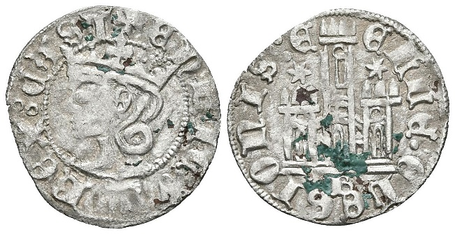 Tipo 25. Cornado de las Cortes de Toro de 1373, con busto de rey de frente y castillo, con o sin gráfilas