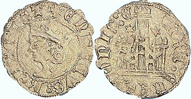 Tipo 25. Cornado de las Cortes de Toro de 1373, con busto de rey de frente y castillo, con o sin gráfilas