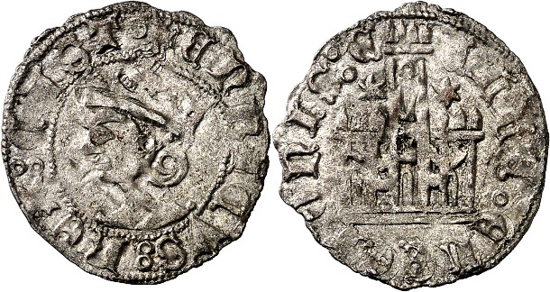 Tipo 25. Cornado de las Cortes de Toro de 1373, con busto de rey de frente y castillo, con o sin gráfilas
