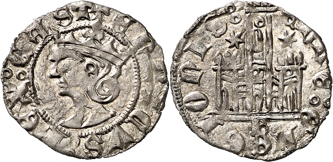 Tipo 25. Cornado de las Cortes de Toro de 1373, con busto de rey de frente y castillo, con o sin gráfilas