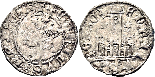 Tipo 25. Cornado de las Cortes de Toro de 1373, con busto de rey de frente y castillo, con o sin gráfilas