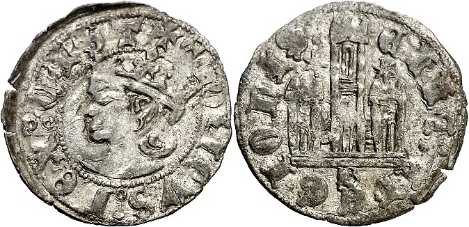 Tipo 25. Cornado de las Cortes de Toro de 1373, con busto de rey de frente y castillo, con o sin gráfilas