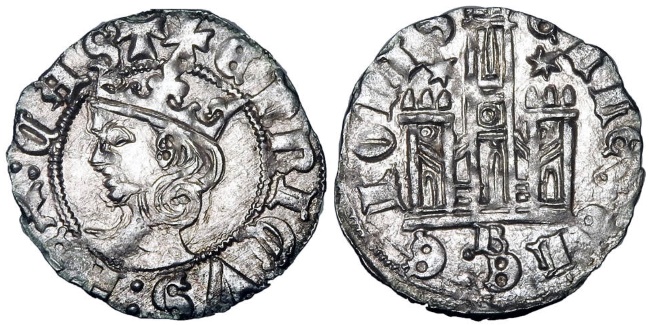 Tipo 25. Cornado de las Cortes de Toro de 1373, con busto de rey de frente y castillo, con o sin gráfilas