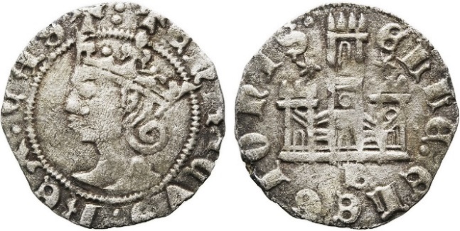 Tipo 25. Cornado de las Cortes de Toro de 1373, con busto de rey de frente y castillo, con o sin gráfilas