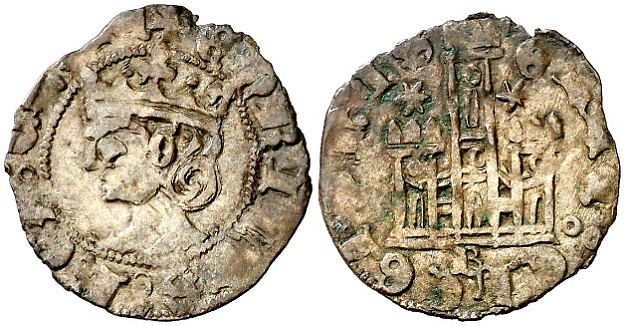Tipo 25. Cornado de las Cortes de Toro de 1373, con busto de rey de frente y castillo, con o sin gráfilas