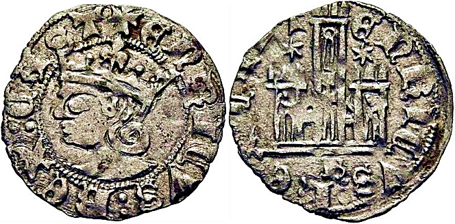 Tipo 25. Cornado de las Cortes de Toro de 1373, con busto de rey de frente y castillo, con o sin gráfilas