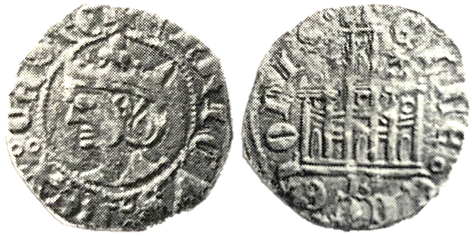 Tipo 25. Cornado de las Cortes de Toro de 1373, con busto de rey de frente y castillo, con o sin gráfilas